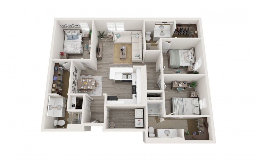 Grand Lux - 3 bedroom floorplan layout with 3 baths and 1244 square feet.